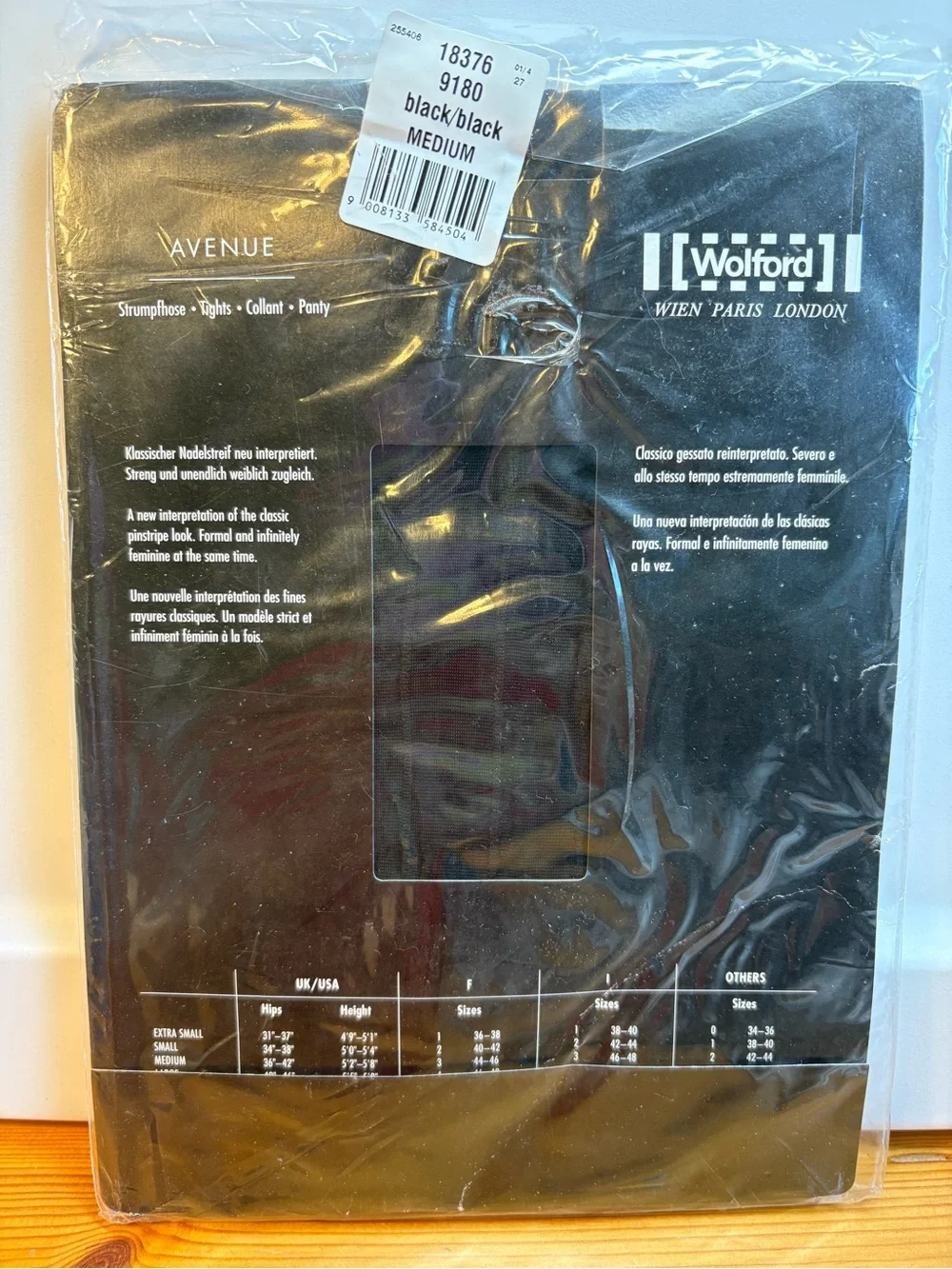 Wolford AVENUE Sheer Pinstripe Tights in Black/Black - size Medium